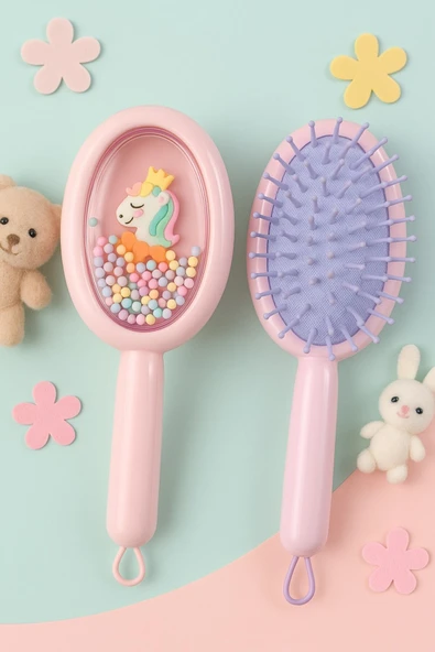 1 Adet Unicorn Figürlü Renkli Boncuklu Çocuk Saç Tarağı Fırçası ve 1 Adet Tırnak Makası Seti Pratik - 4