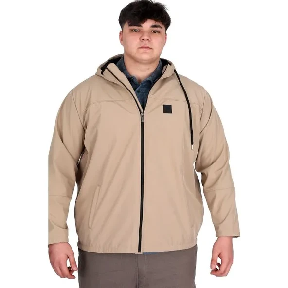 Büyük Beden Erkek Kapüşonlu Mont Waterproof Softshell 21235 Bej - 1