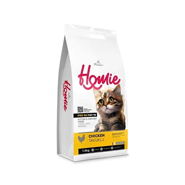 Homie Super Premium Düşük Tahıllı Tavuklu Yavru ve Anne Kedi Maması 1.5 Kg (3 Adet) ürün görseli 1