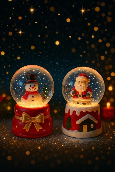 Yeni Yılın En Güzel Hediyesi Yılbaşı 2 Adet Led Işıklı 6,5 cm Noel Baba Kardan Adam Kar Küresi Seti - Resim 3