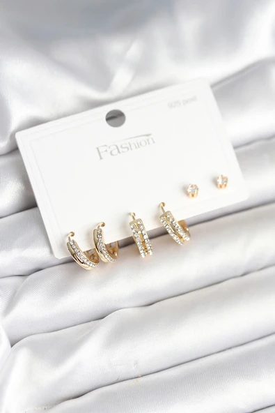 Pirinç Gold Renk Zirkon Taşlı 925 Gümüş Çivili Kadın Küpe Seti ürün görseli 1