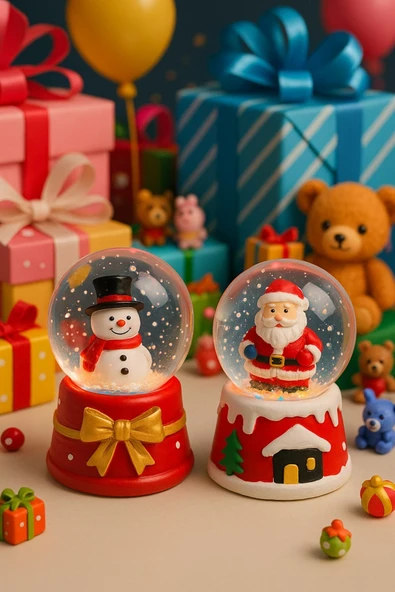 Yeni Yılın En Güzel Hediyesi Yılbaşı 2 Adet Led Işıklı 6,5 cm Noel Baba Kardan Adam Kar Küresi Seti - Resim 2