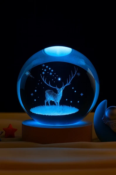 Ledli USB'li Ahşap Standlı Geyik Temalı Kristal Küre Renkli RGB LED 3D Oda Masa ve Gece Lambası ürün görseli 1