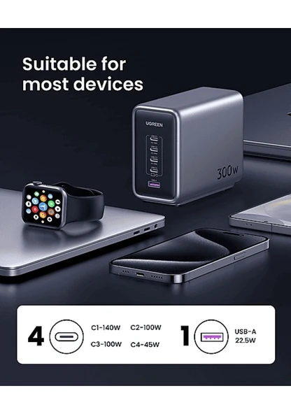 Ugreen Nexode 300w Gan 5 Portlu Hızlı Şarj Cihazı Istasyonu, 4xusb-c, 1xusb-a, Gri - 90903b - 2