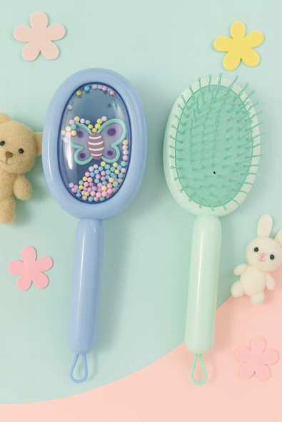 1 Adet Kelebek Figürlü Renkli Boncuklu Kız Çocuk Saç Tarağı Fırçası Kolay Taranma Saçları Acıtmaz ürün görseli 1