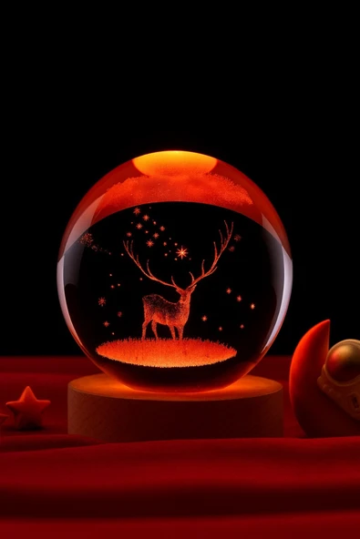 Ledli USB'li Ahşap Standlı Geyik Temalı Kristal Küre Renkli RGB LED 3D Oda Masa ve Gece Lambası - Resim 2