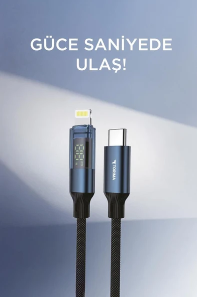 Torima U22 Siyah Type-C to Lightning 27W Hızlı Şarj Kablosu LED Ekranlı Dayanıklı Örgü Kablo - Resim 3