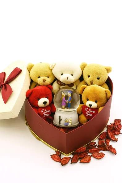 Seni Seviyorum Hediye Kutusu Sevgiliye Özel Romantik Kalpli Kutuda Ayıcık ve Kar Küresi Hediye Seti - Resim 6