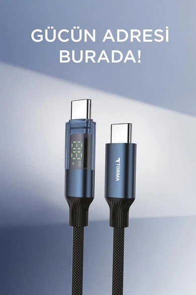 Torima U22 Siyah Type-C to Type-C 60W Hızlı Şarj Kablosu – LED Ekranlı, Dayanıklı Örgü Kablo - Resim 4