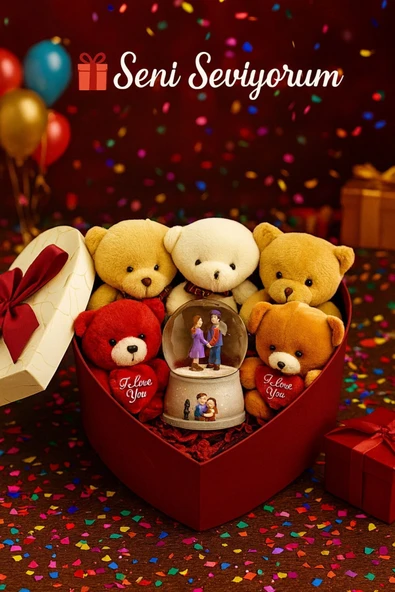 Seni Seviyorum Hediye Kutusu Sevgiliye Özel Romantik Kalpli Kutuda Ayıcık ve Kar Küresi Hediye Seti ürün görseli 1