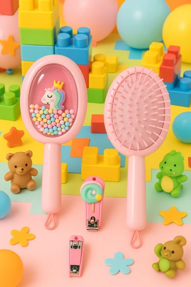 1 Adet Unicorn Figürlü Renkli Boncuklu Çocuk Saç Tarağı Fırçası ve 1 Adet Tırnak Makası Seti Pratik - 3