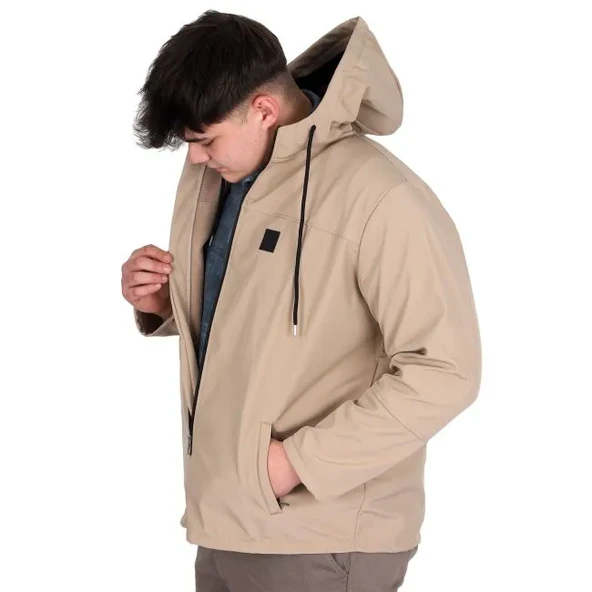 Büyük Beden Erkek Kapüşonlu Mont Waterproof Softshell 21235 Bej - 3