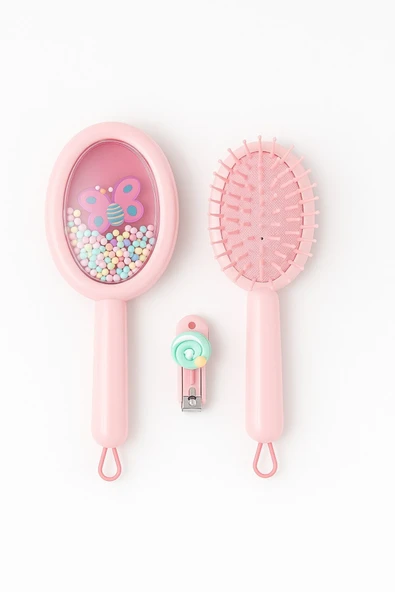 1 Adet Unicorn Figürlü Renkli Boncuklu Çocuk Saç Tarağı Fırçası ve 1 Adet Tırnak Makası Seti Pratik - 2