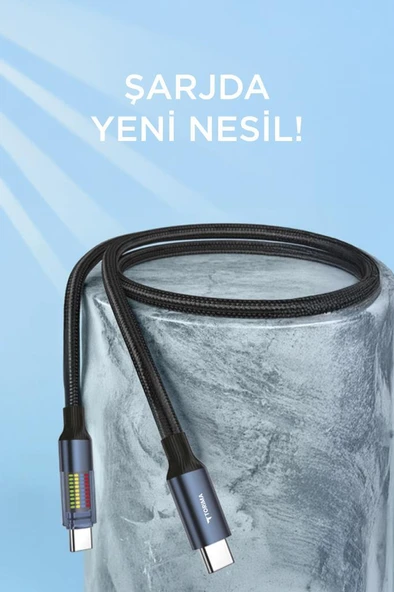 TORIMA U21 Siyah Type-C to Type-C 60W Hızlı Şarj Kablosu – LED Ekranlı, Dayanıklı Örgü Kablo - Resim 2