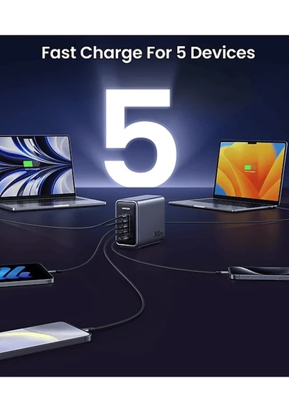 Ugreen Nexode 300w Gan 5 Portlu Hızlı Şarj Cihazı Istasyonu, 4xusb-c, 1xusb-a, Gri - 90903b - 5