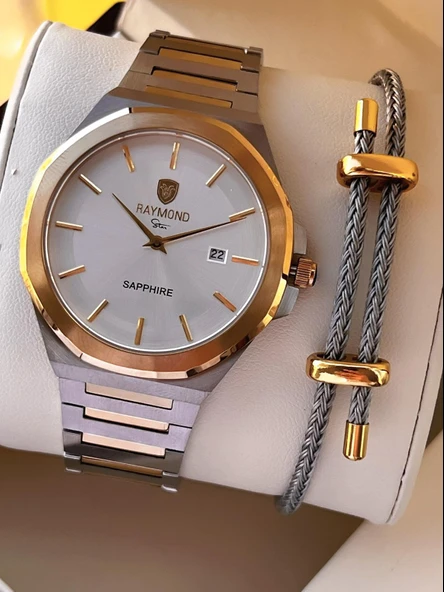 Raymond Nişan Ve Damatlara Özel Çelik Kordon 2 Yıl Garantili 5 Atm Erkek Kol Saati+Bileklik RMD.34