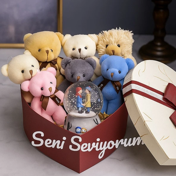 Sevgiliye En Tatlı Hediye Seti Peluş Ayıcık Kalpli Kutuda 7 Mini Peluş Ayıcık Işıklı Kar Küresi Seti - 2