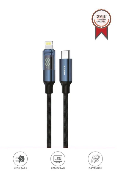 Torima U22 Siyah Type-C to Lightning 27W Hızlı Şarj Kablosu LED Ekranlı Dayanıklı Örgü Kablo ürün görseli