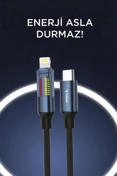Torima U21 Siyah Type-C to Lightning 27W Hızlı Şarj Kablosu LED Ekranlı Dayanıklı Örgü Kablo - Resim 4