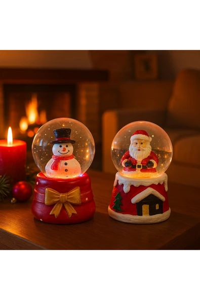 Yeni Yılın En Güzel Hediyesi Yılbaşı 2 Adet Led Işıklı 6,5 cm Noel Baba Kardan Adam Kar Küresi Seti - Resim 4