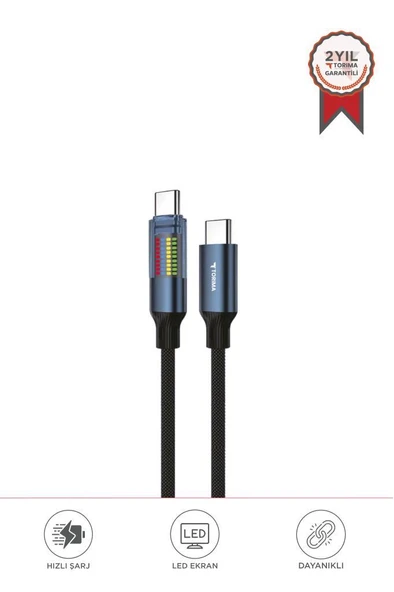 TORIMA U21 Siyah Type-C to Type-C 60W Hızlı Şarj Kablosu – LED Ekranlı, Dayanıklı Örgü Kablo ürün görseli