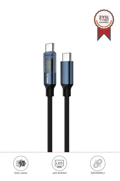 Torima U22 Siyah Type-C to Type-C 60W Hızlı Şarj Kablosu – LED Ekranlı, Dayanıklı Örgü Kablo ürün görseli