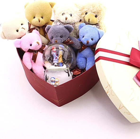 Sevgiliye En Tatlı Hediye Seti Peluş Ayıcık Kalpli Kutuda 7 Mini Peluş Ayıcık Işıklı Kar Küresi Seti - 3