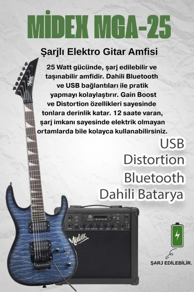 Midex Crade-25AMP Blue Rosewood Super Strat Kasa HH Yüksek Kaliteli 25W Amfili Elektro Gitar Seti - Resim 2