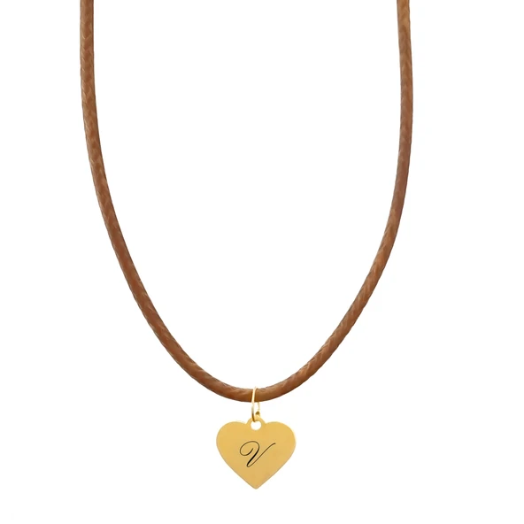 14 Ayar Altın Plakalı Harfe Özel Doğal Kahverengi Derili Kalp Figürlü Hediyelik Kolye-550 - Resim 2