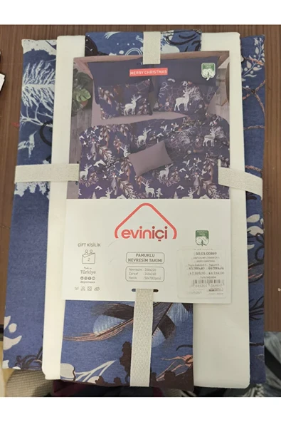 Çift Kişilik Pamuklu Nevresim Takımı Mavi Noel Geyikli Desen - 3