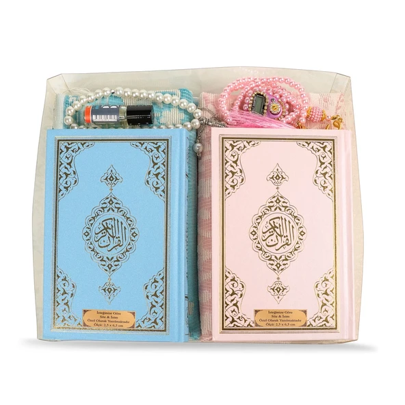 İkili Kuran +  Seccade + Tesbih + Zikirmatik + Esans Hediye Seti (Pembe-Mavi, Çanta Boy, 99lu+33lü) - 2