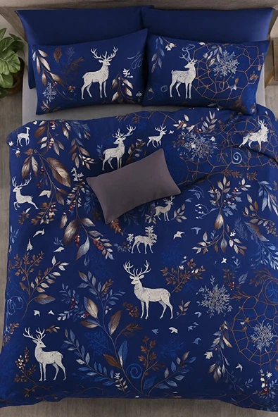 Çift Kişilik Pamuklu Nevresim Takımı Mavi Noel Geyikli Desen