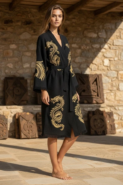 Varol Organik %100 Pamuk Kimono Yaka Sabalık Bornoz - Viserion - Resim 6