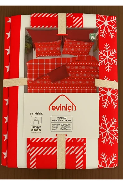 Çift Kişilik Pamuklu Nevresim Takımı Kırmızı Yılbaşı Desenli - 2