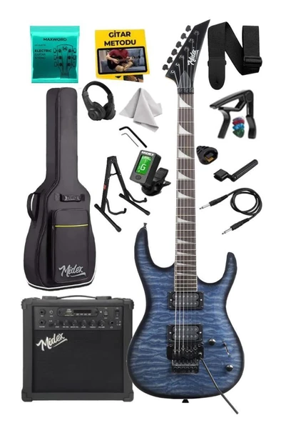 Midex Crade-25AMP Blue Rosewood Super Strat Kasa HH Yüksek Kaliteli 25W Amfili Elektro Gitar Seti ürün görseli 1
