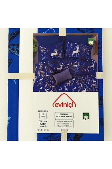 Çift Kişilik Pamuklu Nevresim Takımı Mavi Noel Geyikli Desen - 2