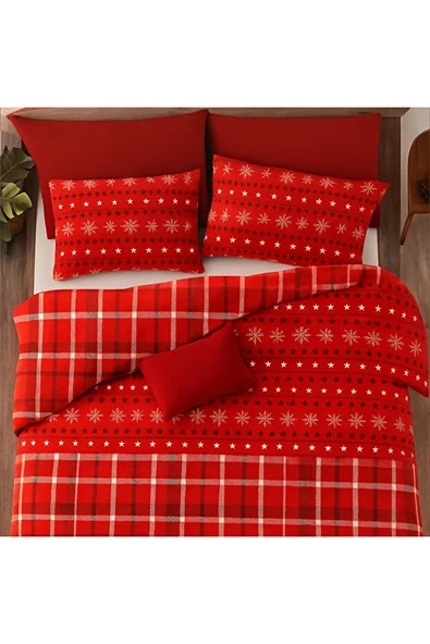 Çift Kişilik Pamuklu Nevresim Takımı Kırmızı Yılbaşı Desenli