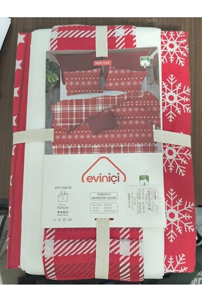 Çift Kişilik Pamuklu Nevresim Takımı  Kırmızı Yılbaşı Desenli - 3
