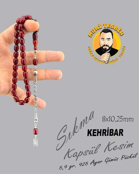 MURİ TESBİH 5,9 GR 925 AYAR GÜMÜŞ PÜSKÜL SIKMA KEHRİBAR KAPSÜL KESİM 8X10,25 - 1