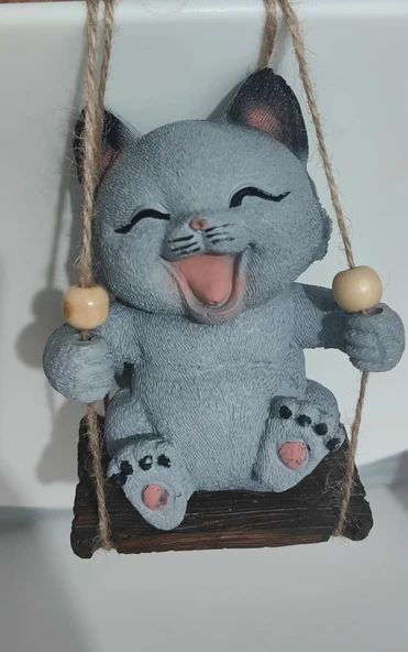 Sallanan Kedi Polyester Duvar Balkon Bahçe Süsü GRİ RENK