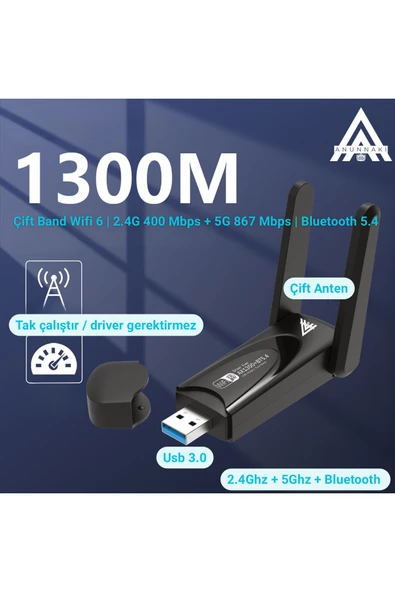 1300 Mbps Usb WiFi 6 Adaptör 2.4G+5G ve Bluetooth 5.4 Tak Çalıştır Çift Antenli Wifi Dongle - Resim 4