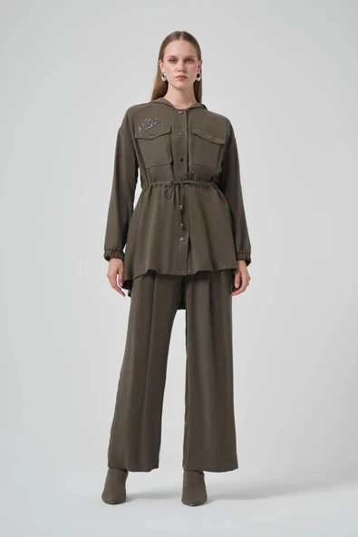 Nuss 1022 Taş İşlemeli Pantolonlu Takım - Haki ürün görseli 1