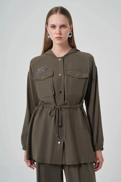 Nuss 1022 Taş İşlemeli Pantolonlu Takım - Haki - Resim 6