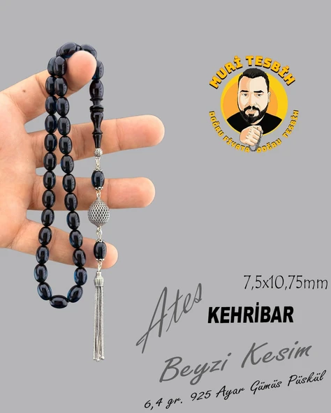 MURİ TESBİH 6,4 GR 925 AYAR GÜMÜŞ PÜSKÜL M.S.G ATEŞ KEHRİBAR BEYZİ KESİM 7,50X10,75 - 1