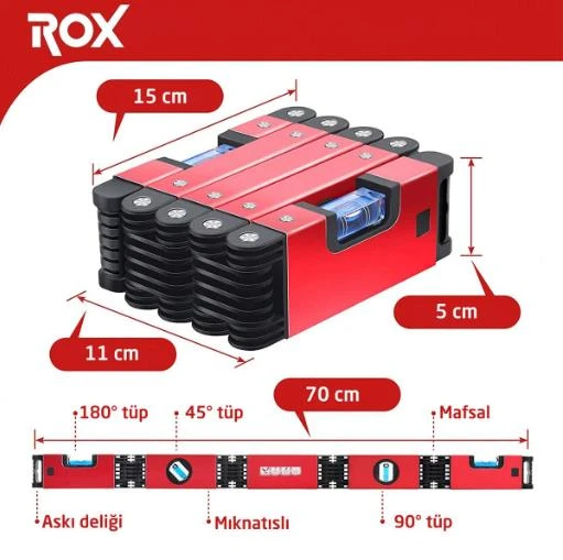 Rox 0176 Mıknatıslı Alüminyum Katlanır Su Terazisi 70 cm - Resim 2