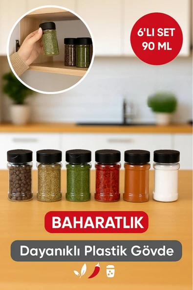 6’lı Dayanıklı Plastik Baharatlık Seti – Şeffaf Gövde, Siyah Kapak, Düzenli Mutfaklar İçin 90 ml ürün görseli 1