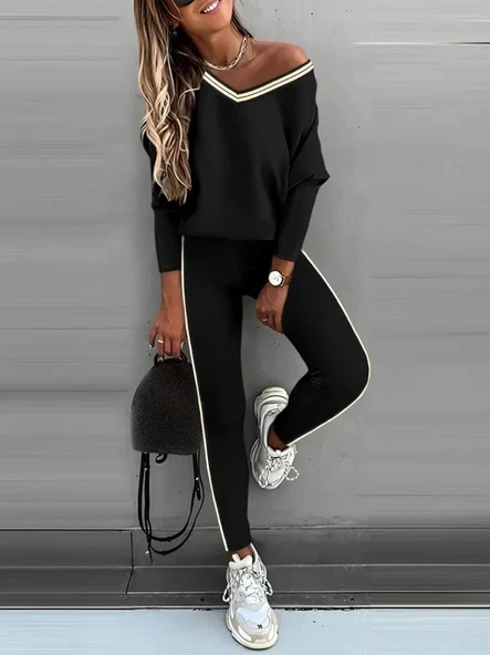 Kadın Uzun Kollu Tek Omuzu Açık Detaylı Viskon Iki Iplik Bluz Ve Pantolon Ikili Takım ürün görseli