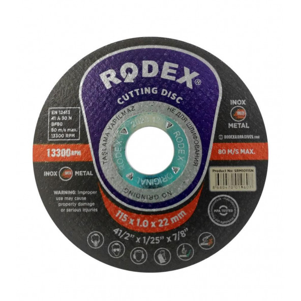 Rodex İnox Metal Kesici Taş Disk 115x1x22.23 mm (50-ADET)