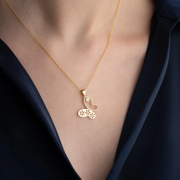 Vaoov 925 Ayar Gümüş Çiçek Desenli Taşlı Kelebek Kolye - Resim 2