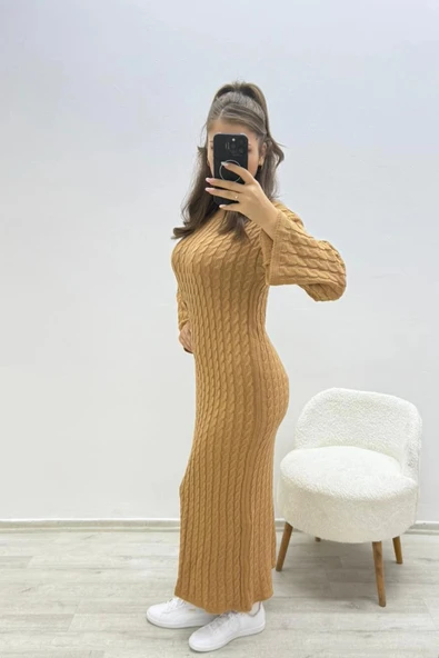 Örme Kahverengi Uzun Elbise - 3
